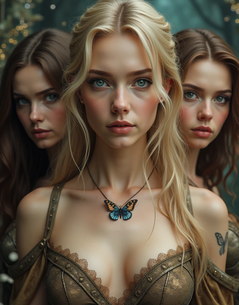 Best Quality,(raw photo:1.2),(masterpiece:1.4),(photorealistic:1.4),(High resolution:1.4), 3 different girls, depth of field, intricately detailed,8k, extremely detailed, perfect lighting, epic background. a girl with blonde hair and blue eyes, and butterfly tattoo in the middle of the chest. a girl with brown hair, black eyes , a girl with brown eyes and brown hair . I had it in the middle of the 3