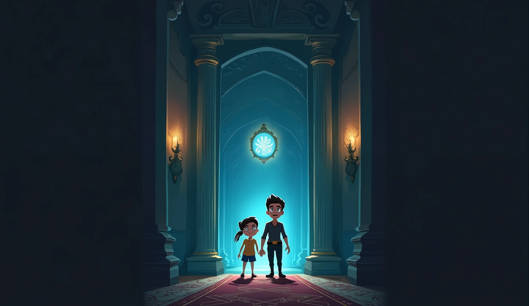 The Aryan and sia  entering a grand room with a sparkling treasure chest in the center."look like a cartoon animation 