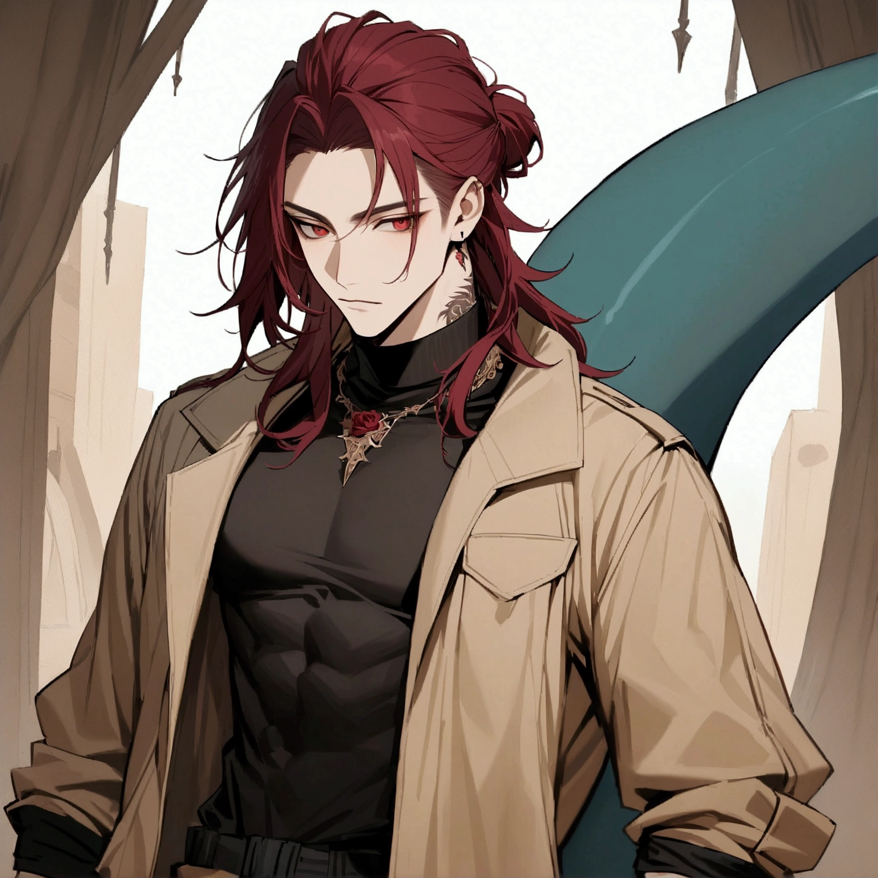 high detailed, Male, maroon long hair with a manbun, red eyes, tattoos of roses on the neck, shark fins on elbows, Shark tail. mock-neck black shirt, beige parka, beige jacket, black baggy cargo pants. Handsome, masculine, Elbow shark fins