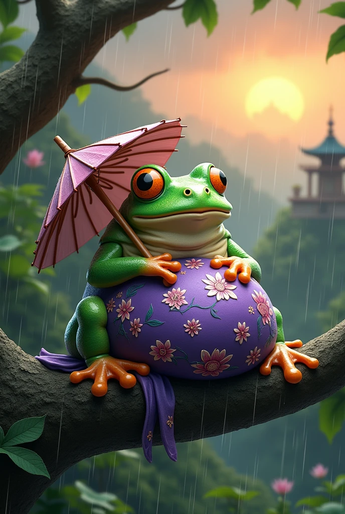 A fat green tree frog,She is wearing a gorgeous purple Chinese dress with a floral pattern.,Sleeping on a tree,Ultra-realistic,high resolution,Standing with a lotus leaf umbrella,It is raining in the background,The background is the hilltop at sunset,