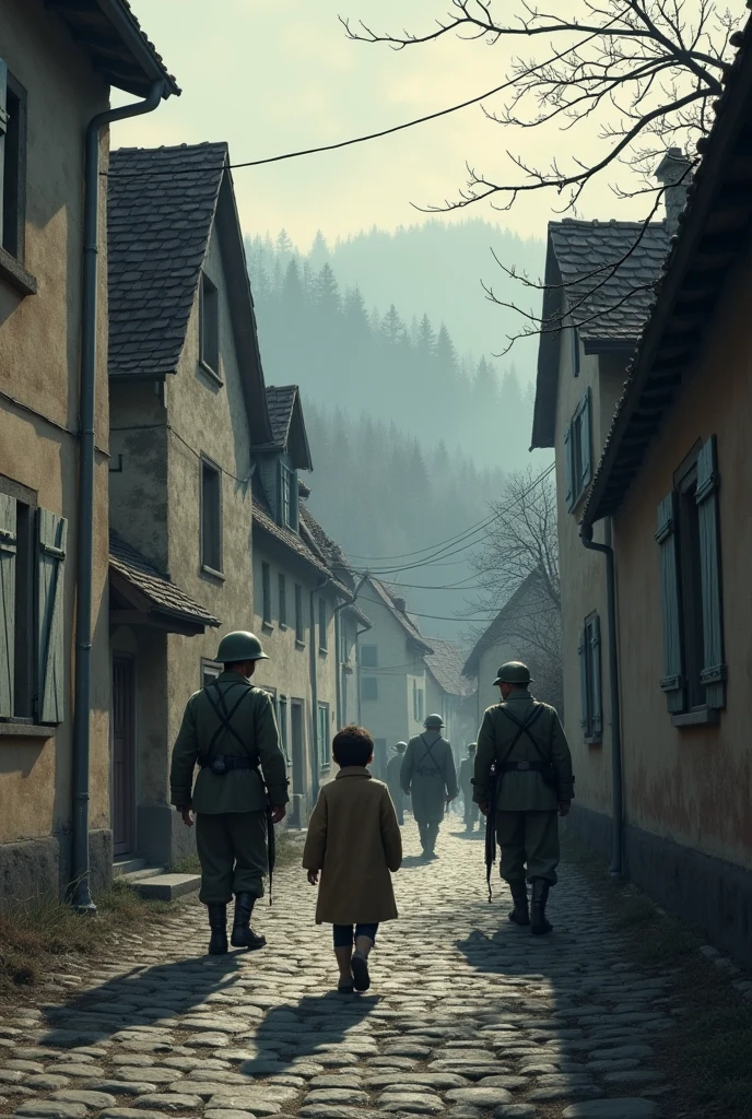 Scene 1: The Occupied Village
The setting is the small village of Saint-Dié-des-Vosges, nestled in the Vosges Mountains of France. The year is 1944, and the village is under Nazi occupation. The once peaceful streets are now filled with the presence of German soldiers, their boots echoing on the cobblestone roads. Villagers go about their daily lives in fear, avoiding eye contact with the soldiers, their faces etched with worry and despair.

Marcel, a 14-year-old boy, lives with his widowed mother in a modest stone house on the outskirts of the village. Since his father was taken by the Nazis, Marcel has had to grow up quickly. He spends his days helping his mother and listening to the adults talk in hushed tones about the war, hoping for the day when France will be free again. 4 create four pics