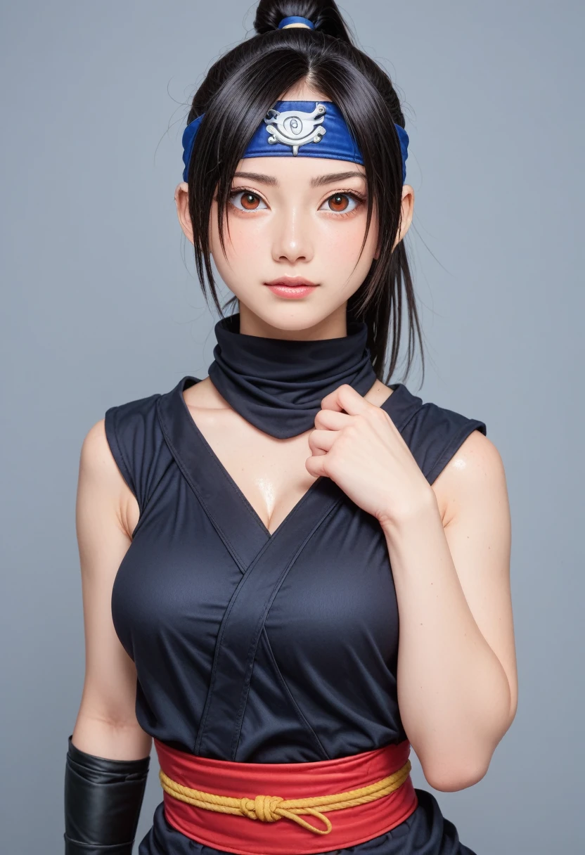 score_9,score_8_up,score_7_up,(pastel-color),(high brightness colors),Cute 20-year-old Japanese 1 girl,solo,(8k, masterpiece, ultra-detailed, best quality, ultra high res, newest, very aesthetic, absurdres, illustration, perfect composition),(hires),looking at viewer,black hair,shiny skin,fair skin,(upper body:1.5),toothless smilev,emphasizing her curvy body and large breasts,(ninja:1.5),(restrained shibari:1.3)