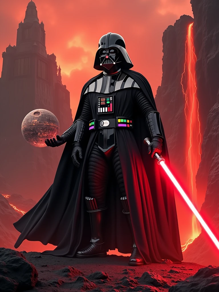 Create an image of Darth Vader standing on the volcanic planet Mustafar. Darth Vader is positioned centrally in the image. He is holding a Sith holocron in his left hand, which is emitting a red hologram displaying the plans for the Death Star. The details of the Death Star project are clearly visible within the red hologram. In his right hand, he is holding his iconic red lightsaber, which is activated and glowing. In the background, on the left side of Darth Vader, there is a view of Vader's fortress, rising from a natural plateau formation. The structure is dark and menacing, matching the overall ominous atmosphere of the scene. On the right side of Darth Vader, there is a flowing lava waterfall, adding to the intense and fiery environment of Mustafar. The entire scene is bathed in the red and orange hues typical of Mustafar, with the heat and volcanic activity creating a dramatic and intense backdrop. Darth Vader stands as a powerful and commanding figure in this fiery landscape.