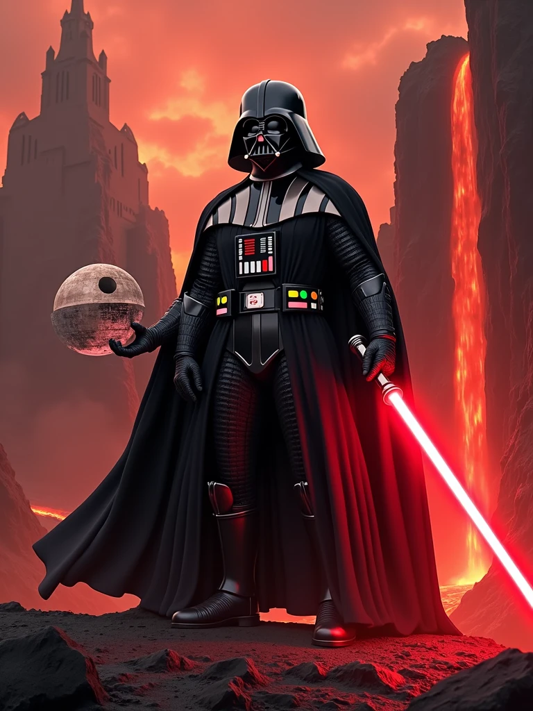 Create an image of Darth Vader standing on the volcanic planet Mustafar. Darth Vader is positioned centrally in the image. He is holding a Sith holocron in his left hand, which is emitting a red hologram displaying the plans for the Death Star. The details of the Death Star project are clearly visible within the red hologram. In his right hand, he is holding his iconic red lightsaber, which is activated and glowing. In the background, on the left side of Darth Vader, there is a view of Vader's fortress, rising from a natural plateau formation. The structure is dark and menacing, matching the overall ominous atmosphere of the scene. On the right side of Darth Vader, there is a flowing lava waterfall, adding to the intense and fiery environment of Mustafar. The entire scene is bathed in the red and orange hues typical of Mustafar, with the heat and volcanic activity creating a dramatic and intense backdrop. Darth Vader stands as a powerful and commanding figure in this fiery landscape.