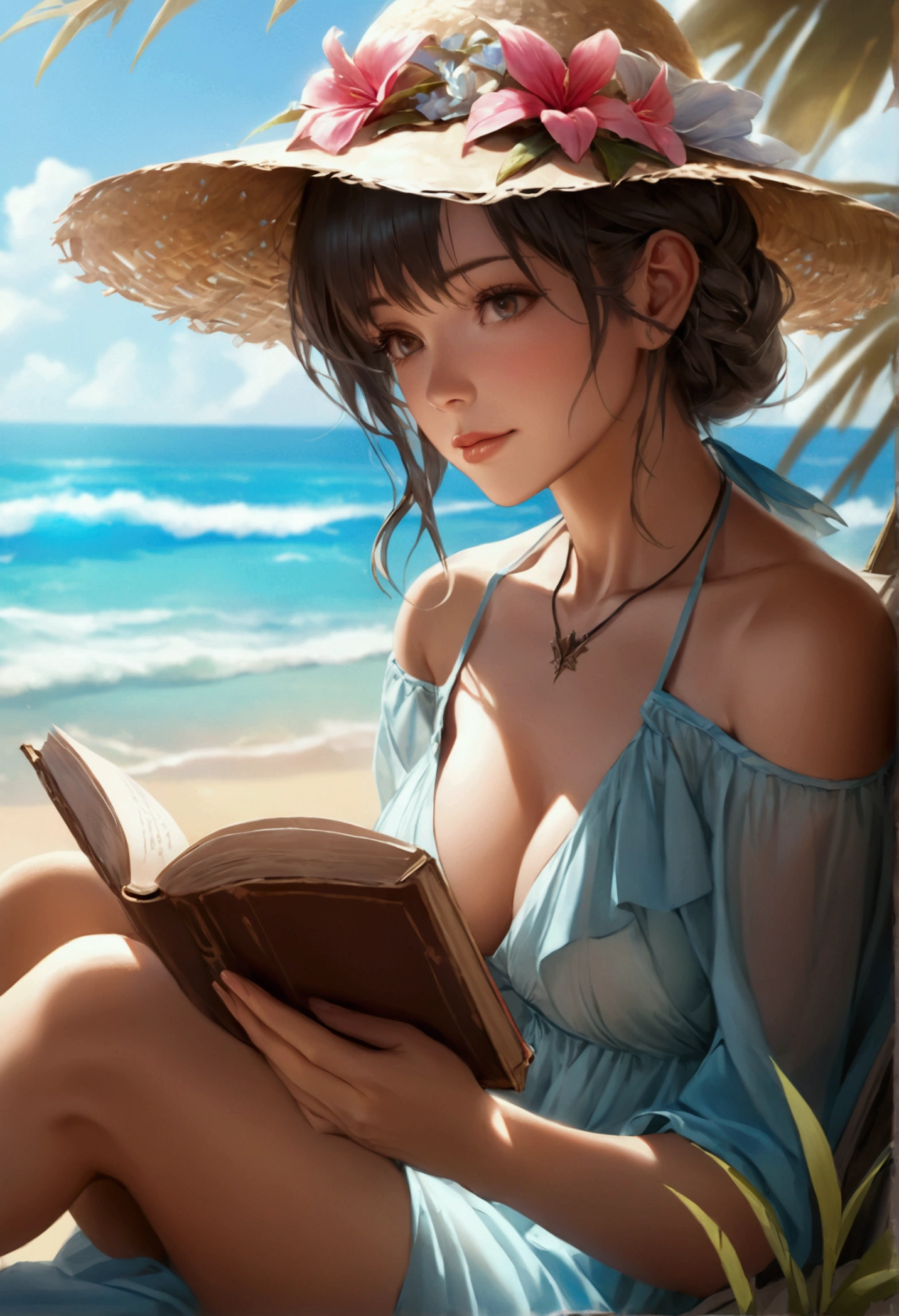 a picture of a mature woman reading a book on the beach during summer vacation, a beautiful mature woman, dynamic hair color, dynamic hair style, dynamic skin complexion, reading a book at the beach, wearing light dress, beach at summer time, sunny day, fantasy beach background,  a sense of relaxion, a sense of bliss, calm atmosphere,  , high details, best quality, 16k, [ultra detailed], masterpiece, best quality, (extremely detailed), dynamic angle, ultra wide shot, photorealistic, ((fantasy art)) ultra best realistic, best details, best quality, 16k, [ultra detailed], masterpiece, best quality, (extremely detailed), photorealism, depth of field, hyper realistic