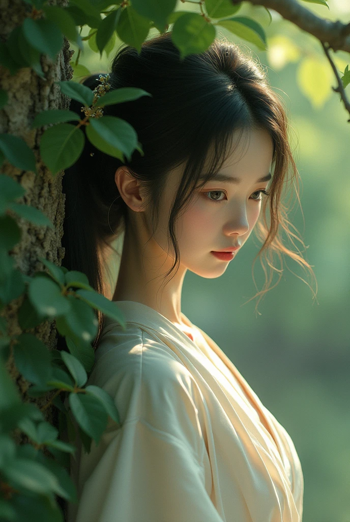 Beautiful japanese woman bending and post behind a tree
