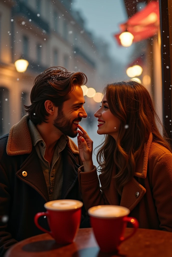 Tanned italian handsome man and a beautiful tanned italian woman, both wearing warm winter outfit in soft colors, the woman's hair is long wavy loose, highlighted brown. they sit in sidewalk cafe in paris, in the window there is streetlight in Rome sidewalk, snows fall from sky at night. They drink large foamy cappuccino with cinnamon in red mugs are on the table, and the man is smilling while his hand touch the cream on the woman's lips, tries to clean cream on the woman's lips, and the woman looking at his eyes and smiles. focus on couples. bokeh, full body shot, ultimate photorealistic.