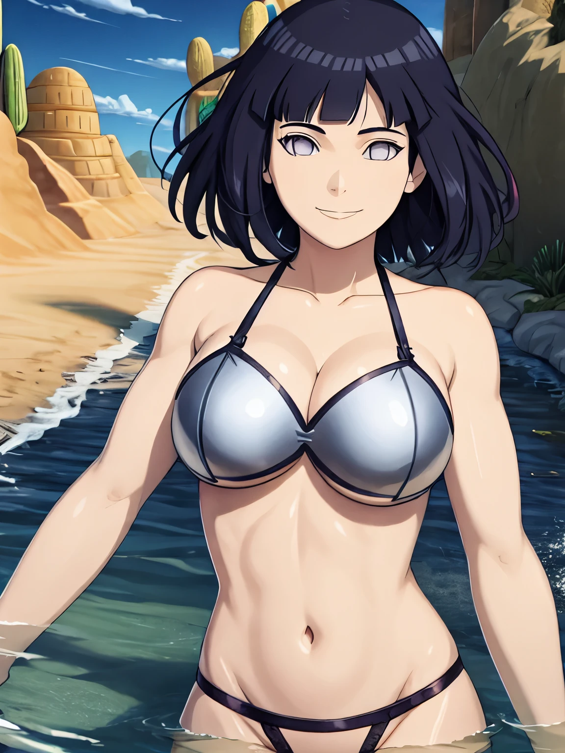 (hinata\(boruto\), (high quality:1.8), upper body:1.5, (curvy body:1.5), (ultra detailed body:1.4), (desert:1.7), (desert:1.7), (anime, tall woman, cowboy shot, ((arm curves:1.0), (defined biceps arms:1.0), (chest submerged:1.3), (dark hair:1.8), (silver shoulder armor:1.6), ((white thong only and wear nothing else, bare arms, bare arms, bare shoulders)), (curved belly:1.2), (wide shoulders, off-shoulders), smile), (big breasts:1.1) ,(cleavage:0.8), closed mouth), ((pale skin)). ((dark blue:1.3, short hair, hime cut، loose hair, floating hair, floating hair:1.0),
