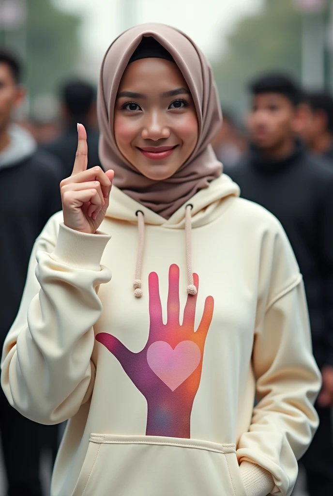 A indonesian pretty girl, wearing a hoodie with a strong vector design featuring a silhouetted image of a five-fingered palm in white colour with love and light. The phrase "ELENG LIMO OJOK SAMPEK LALI" in down, is displayed in bold simple elegand, distressed typography with pastel colours, while holding her hoodie, hijab, one-handed pose pointing upwards, in a public place, surrounded by many men, big and sexy breasts, jav idol, with a frontal shooting angle, very realistic, (complex detail: 0.9), (hdr, hyperdetail: 1.2), RAW, Sony Alpha a9 II, 24-105mm f/4, HDR,