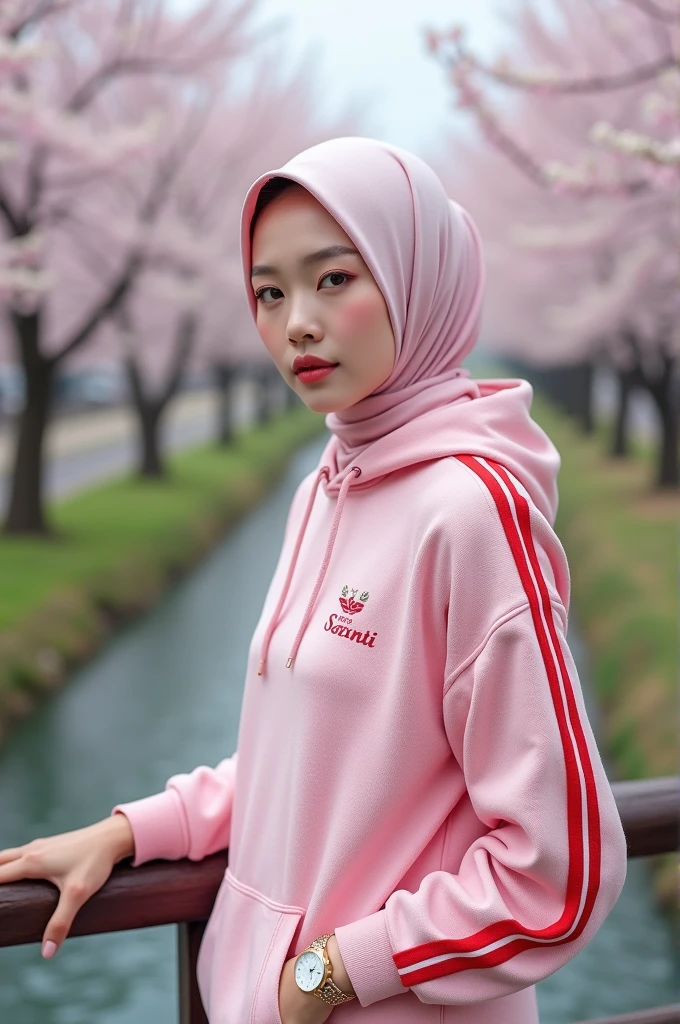 Beautiful white-skinned Korean woman, wearing a pink hijab, wearing a pink knit hoodie with red stripes, with a Santi logo, wearing a watch, standing on a bridge near a cherry tree, with a background of blooming cherry trees, river, bridge, green grass, trees cherry, original photo