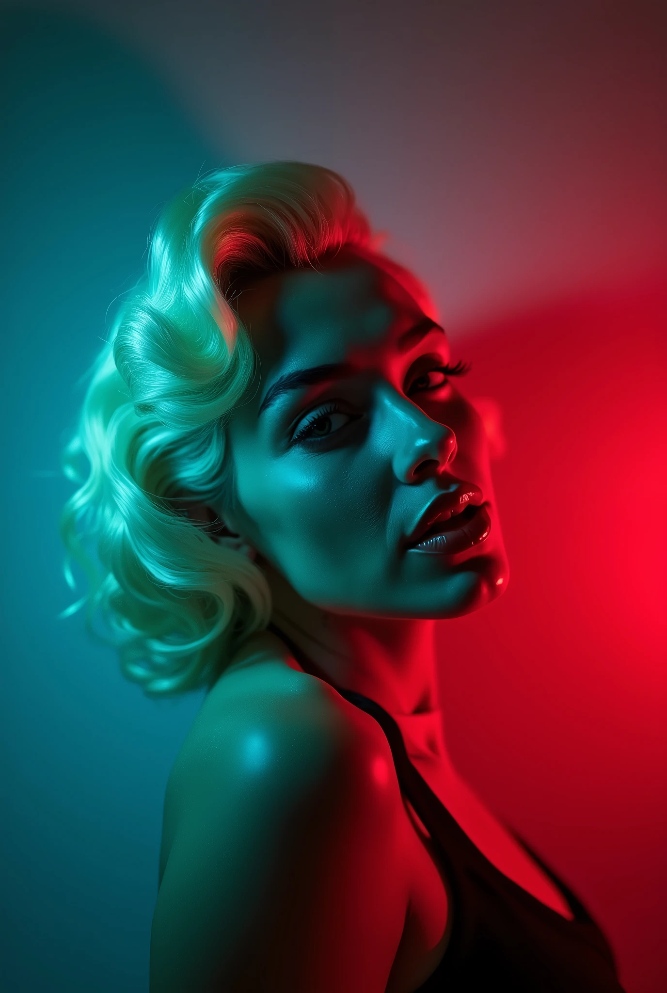 Portrait of Marilyn Monroe with blue-green lights illuminating most of it and red lights coming from below in a studio with an empty background