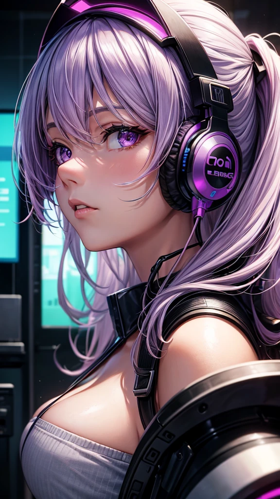 Solo, anime, masterpiece, best quality, high resolution, closeup portrait, a female, light purple hair, gamer, headphones, amazing composition, front view, HDR, ultra quality, cool, highly detailed, gamer girl