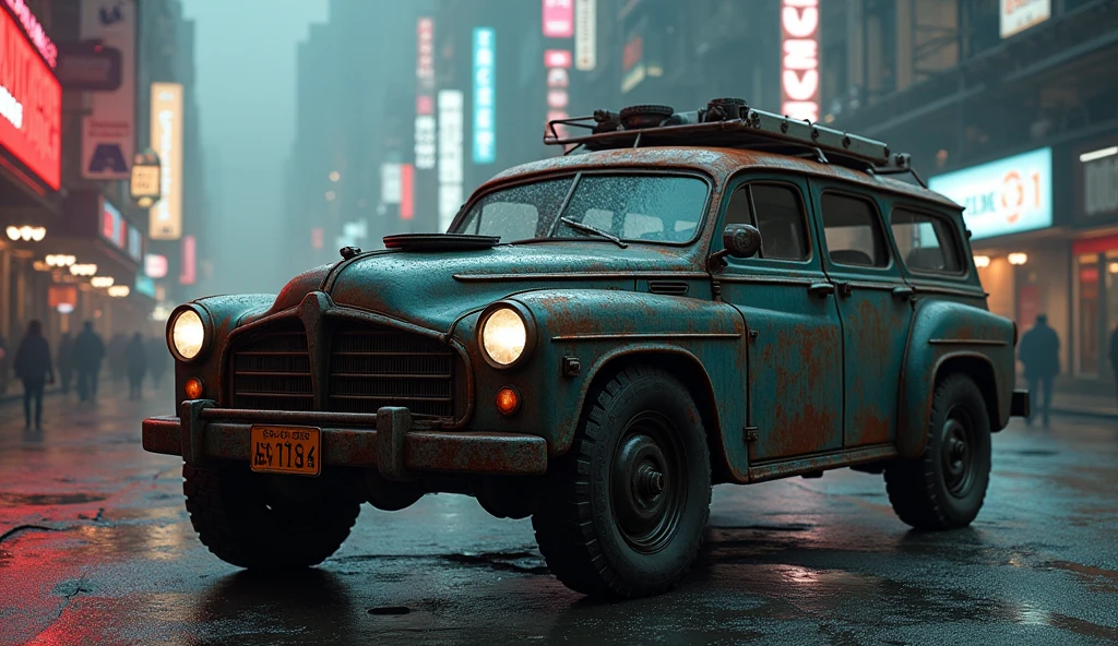 Cyberpunk Volvo Vintage Armored Wagon、Shallow depth of field、(masterpiece:1.3) (最high quality:1.2) (high quality:1.1)、Cinematic Light, ((Cinema Lighting),(Natural light),(High level of artistry),(artistic),(Indistinguishable quality from the real thing),RAW Photos,Genuine,Genuine,High resolution,RAW Photos,masterpiece, beautiful,