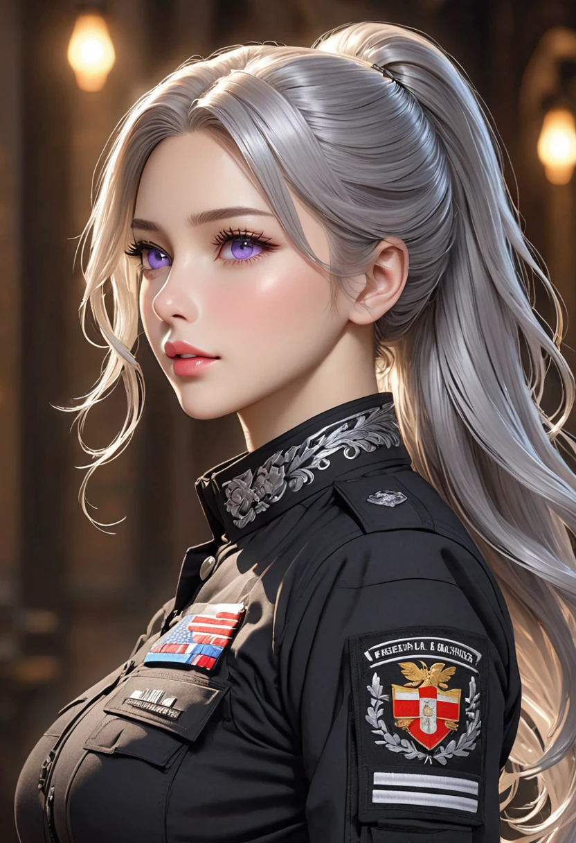 ((best quality)), ((artwork)), ((extremely detailed face)), ((perfect lighting)), ((extremely detailed CG)), ((perfect hands, perfect anatomy)), Appearance= Tall, european features, youthful, ravishingly beautiful, busty, athletic, toned, full lips; violet eyes; long, flowing silver hair Personality= Modest, reserved Reputation= The most beautiful woman in the world Outfit= Black tactical uniform]