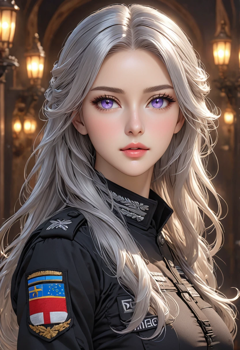 ((best quality)), ((artwork)), ((extremely detailed face)), ((perfect lighting)), ((extremely detailed CG)), ((perfect hands, perfect anatomy)), Appearance= Tall, european features, youthful, ravishingly beautiful, busty, athletic, toned, full lips; violet eyes; long, flowing silver hair Personality= Modest, reserved Reputation= The most beautiful woman in the world Outfit= Black tactical uniform]