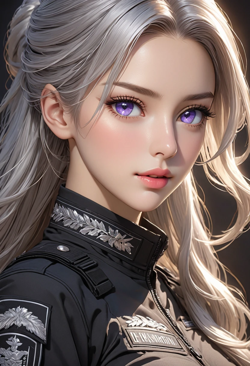 ((best quality)), ((artwork)), ((extremely detailed face)), ((perfect lighting)), ((extremely detailed CG)), ((perfect hands, perfect anatomy)), Appearance= Tall, european features, youthful, ravishingly beautiful, busty, athletic, toned, full lips; violet eyes; long, flowing silver hair Personality= Modest, reserved Reputation= The most beautiful woman in the world Outfit= Black tactical uniform]