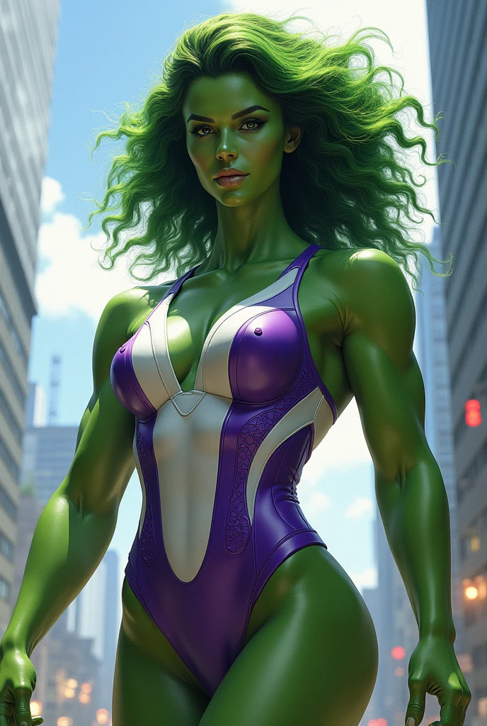extremely detaild portrait of a sexy ((She-Hulk)), (standing on street), ((green skin)), wears ((sexy purple bodysuit)), (black wavy hair), fit body, sexy pose, sultry, sexy, hot, shapely, fine detail, hyper realistic, HD, 4K, definition, texture, perfect detail, perfect face, beautiful, hyperrealism, trending on artstation