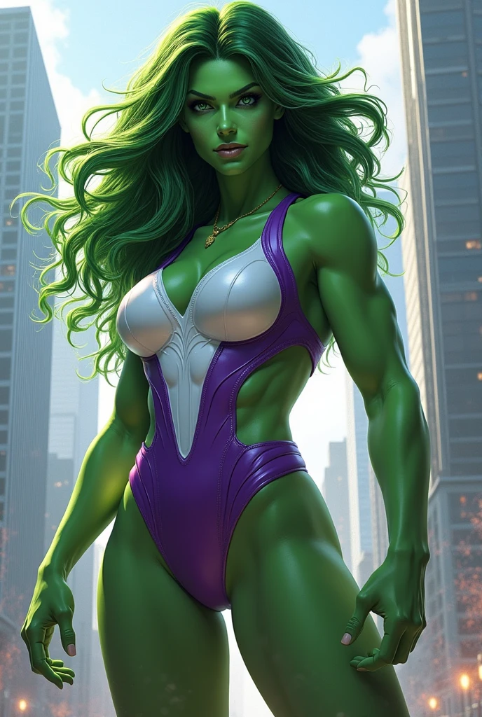 She-Hulk in white and purple leotard