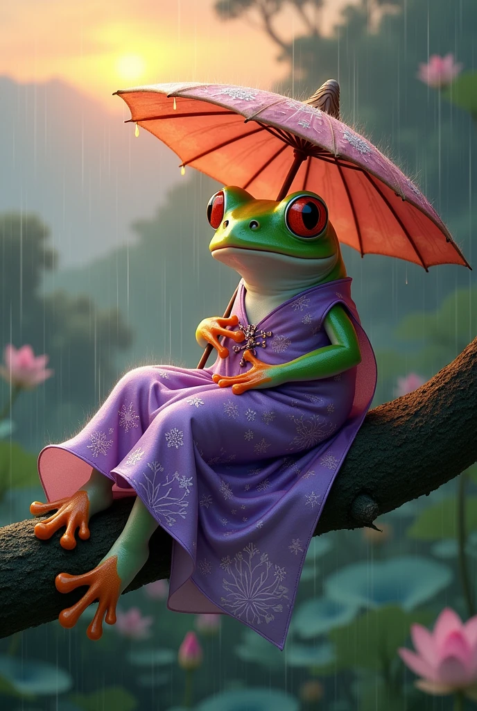 Tree frog,She is wearing a gorgeous purple Chinese dress with a floral pattern.,Sleeping on a tree,Ultra-realistic,high resolution,Standing with a lotus leaf umbrella,It is raining in the background,The background is the hilltop at sunset,