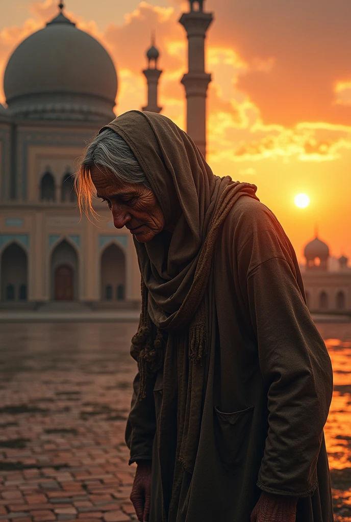 A crying old poor lady front of mosque sunset time hyper realistic