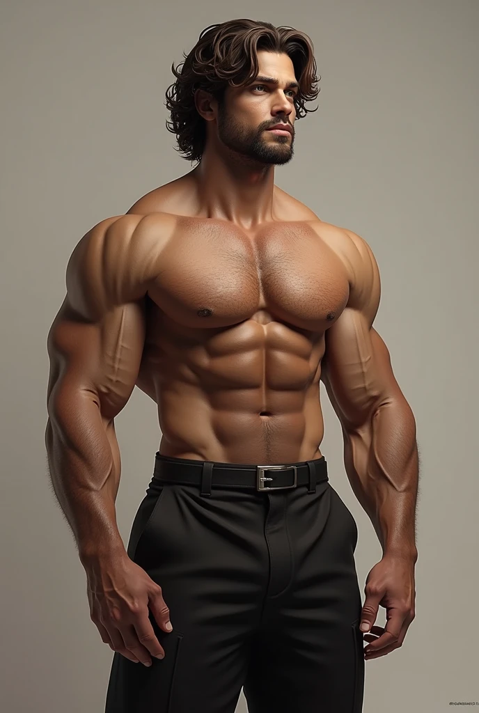 Generates a 25-year-old man, with masculine hair down to below the ears and wavy, beardless and brown eyes. Thick build but muscular, very tall and military. He is looking to the right, with a subtle smile. 