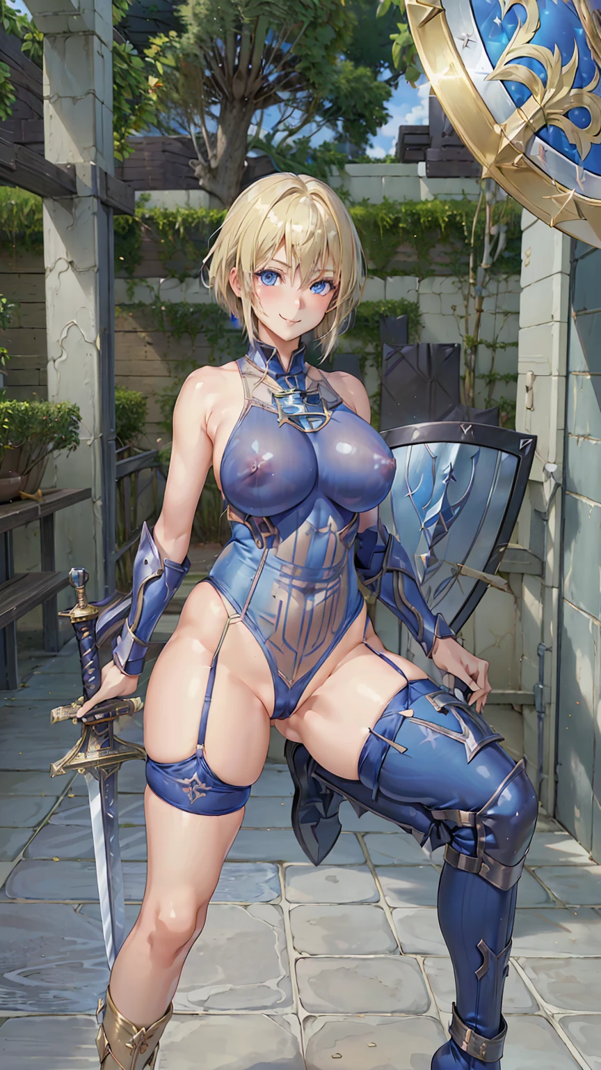 Browsing Caution,Sensual, Long blonde hair, Thick thighs, 8k, 4K, Highest quality, (High resolution:1.6), Cute anime face, Noise Reduction,short hair,Flaxen Hair、 (Sparkling Blue Eyes, A kind smile:1.3, Kind eyes:1.3)、Young Face, Anime Eyes, Asheria、(Sword in right hand:1.5)、(Equipped with a shield on the left arm:1.5)、(SFW Giant:1.9)、Large areola, Puffy nipples:1.3、Long tights、Knee-high boots、(garter belt:1.5)、Beautiful Hands、Beautiful fingers、(High cut thong:1.5),Squat, Spread your legs,