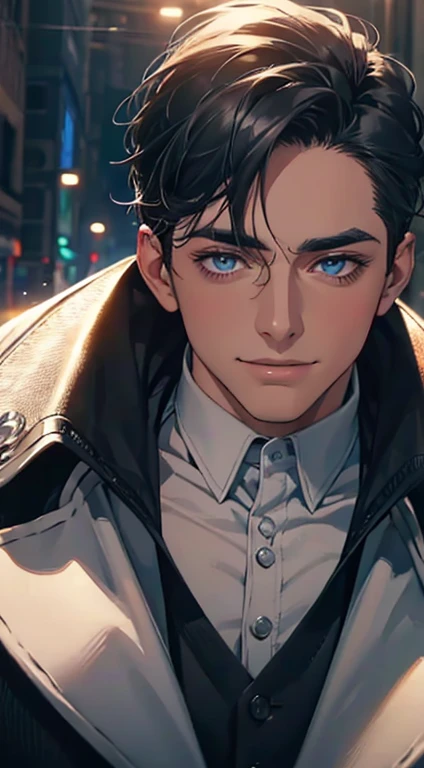 a mature man with short grey Black hair, blue eyes, 31 years, and a perfect face, smiling in love, CEO, cinematic lighting, 1:4 HDR image, top view, ultra detailed, best quality, masterpiece, 8K, photorealistic, beautiful image