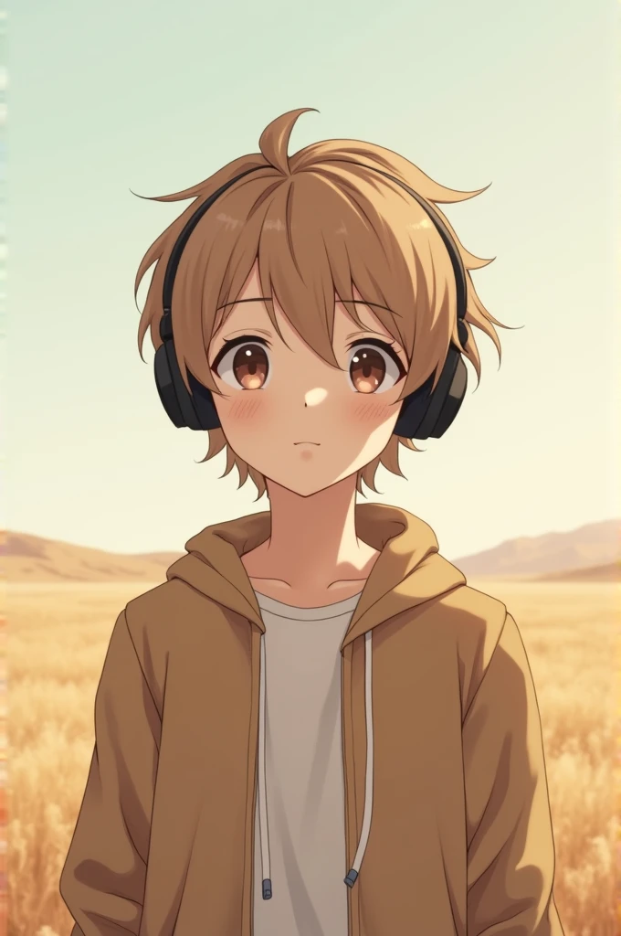 19 year old anime boy with headphones and light brown landscape background