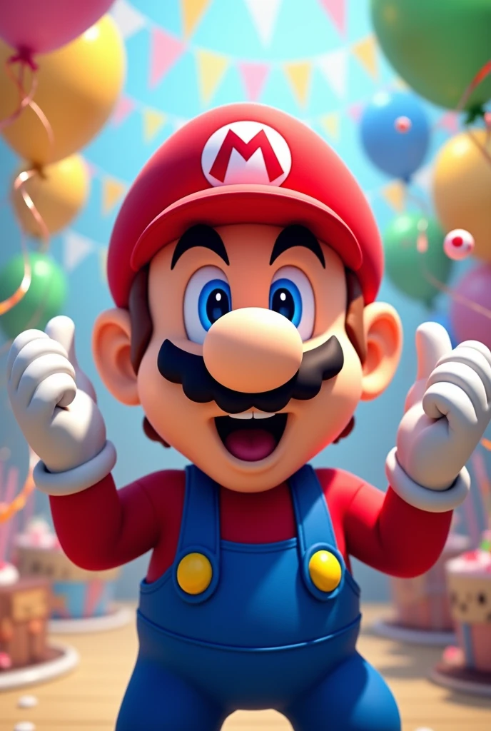 Mario surprised, with birthday background