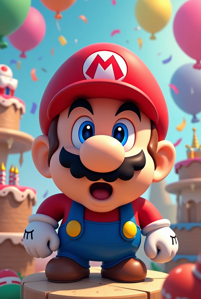 Mario surprised, with birthday background