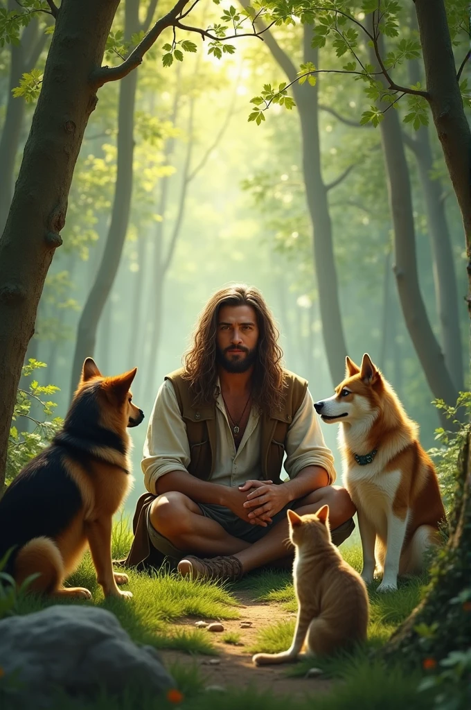 A handsome man with long hair sits and talks with dogs and cats in the forest.