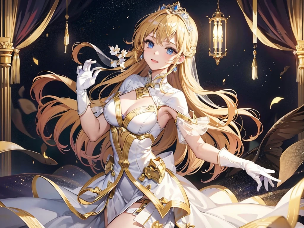 The social debut of lavishly dressed young ladies, 三人のお嬢Mr., Medium Cut, Blonde Hair, Gold decoration, hair ornaments, tiara, (Blue Eyes:1.3), lize, SMILE, smile, Thighs, gloves, Waistline, Earrings, 白いgloves, 指なしgloves, leather trim, White Wedding Dress, ballroom dress, vision(Expert Preference), Leotard Dresses, REST outdoors, REST looking at the viewer, (Cowboy Shot:1. 1. 5）、（masterpiece：1.2）、Highest quality、High resolution、Unity Wallpaper 8k、（An illustration：0.8）、（Beautiful detailed eyes：1.6）、Highly detailed face、Perfect lighting、Highly detailed CG、Mr.々Expression,（Perfect hands、Perfect Anatomy）、