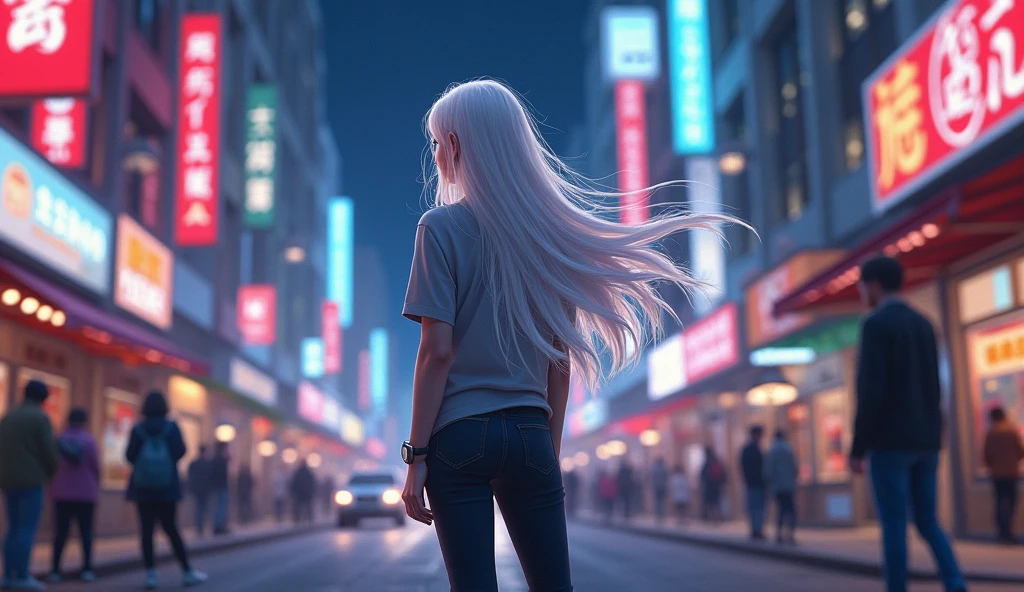 , Look at the sky, Long white hair, Hair swaying in the wind, skinny pants, Grey blouse, Adidas Grand Court SE, Night weather, In the middle of town, neon, People and cars in the background