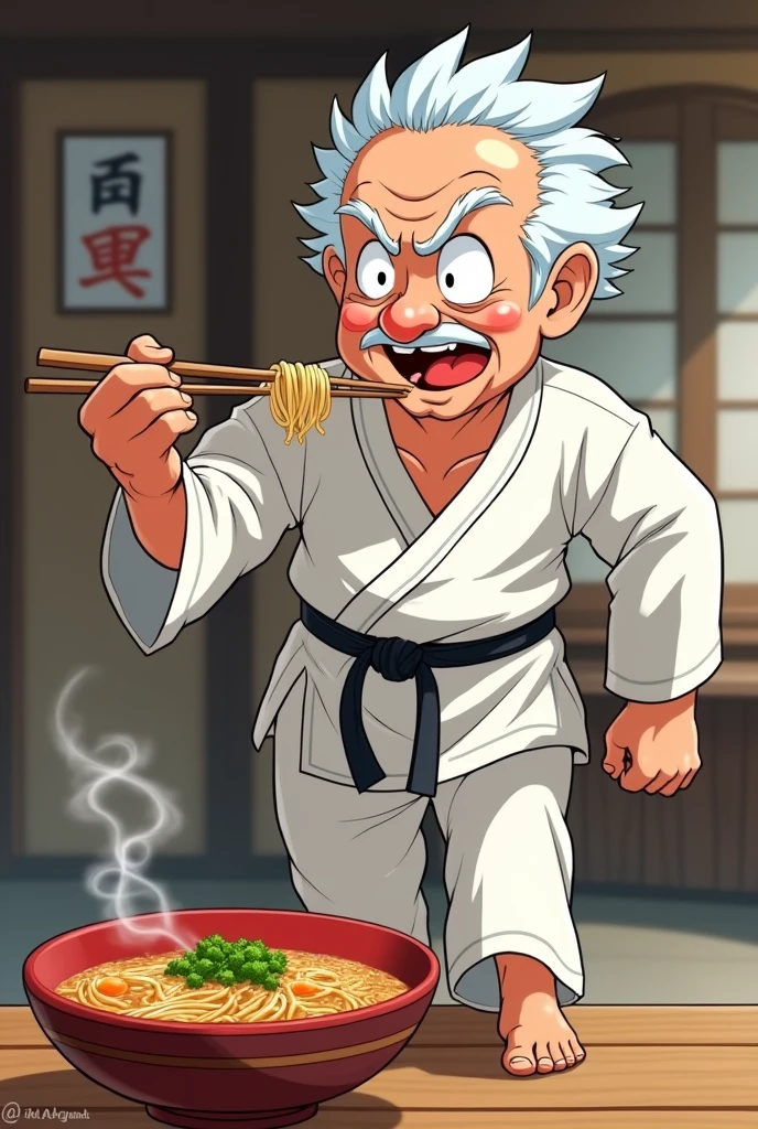 The character is based on the scene where Master Miyagi from Karate Kid is kicking and eating ramen.、I made a cute character out of a Japanese old man, eating ramen with chopsticks, wearing a karate uniform, doing an upper kick, in an anime style with chopsticks in his right hand.、Hold the ramen in your left hand