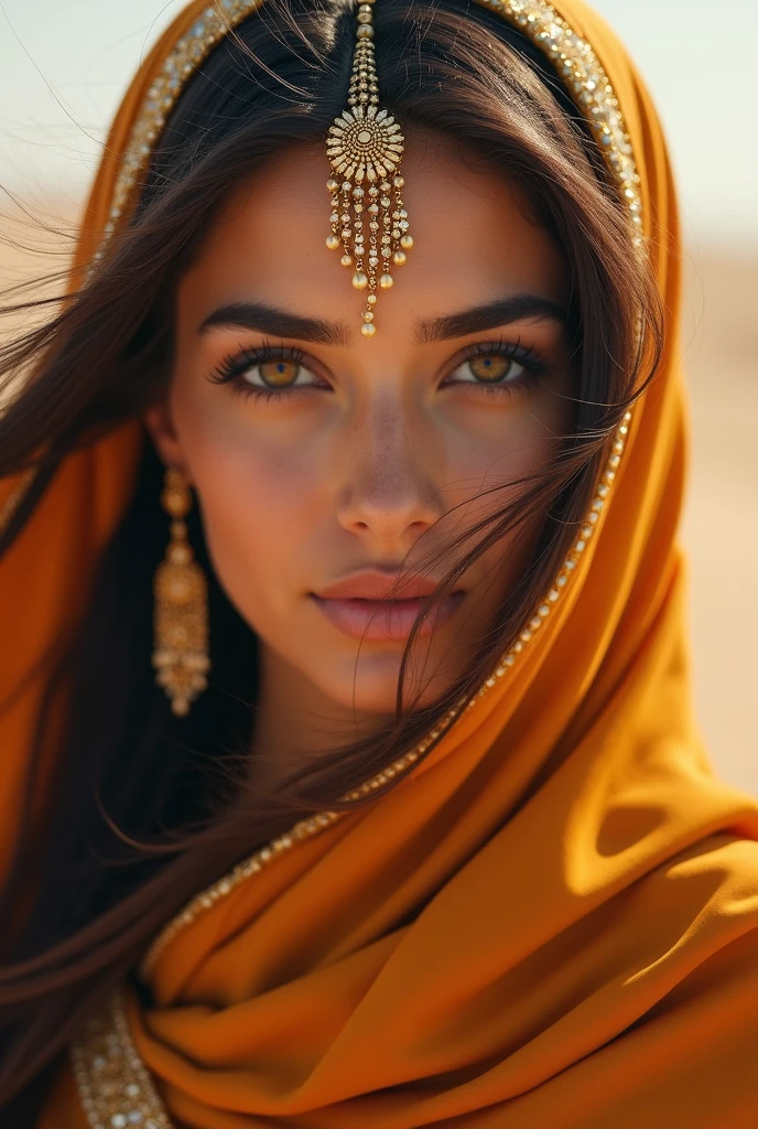close-up portrait of 1 Persian princess, royal clothes, makeup, jewelry, windblown long hair, honey eyes, symmetrical, desert, ((sands, dust and fog, sandstorm, winds)) bokeh, depth of field , centralized, high detail, (masterpiece, UHD, best quality, 8k)