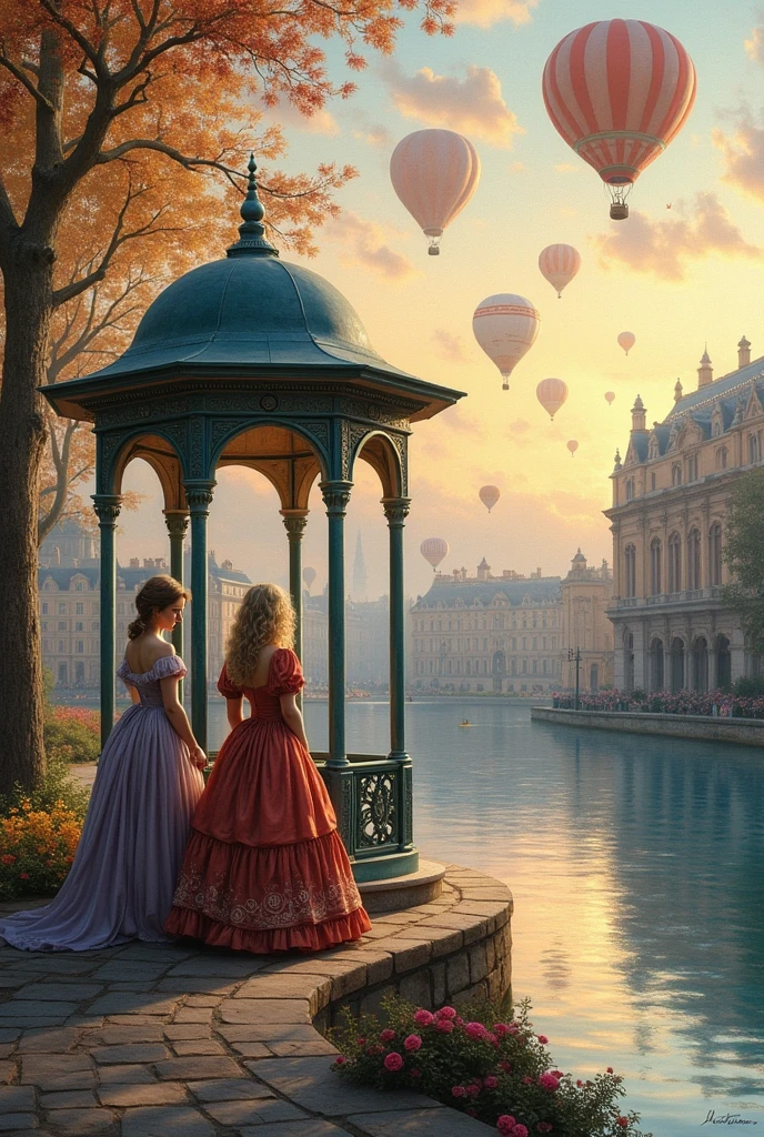 ultra-detailed, vibrant colors, (intricate details:1.1), (vibrant eyes:1.1), (art style inspired by Claude Monet:1.5), ornate clothes, oil painting, (cityscape:1.3), (hot air balloons:1.3), 19th century architecture, impressionist style, soft natural lighting, pastel color palette, visible brushstrokes, blended colors, atmospheric perspective, reflections in water, hazy outlines,Starry Sky,gorgeous gazebo, fleeting moments, seasonal elements, at eye level, picturesque, masterpiece, best quality, masterwork