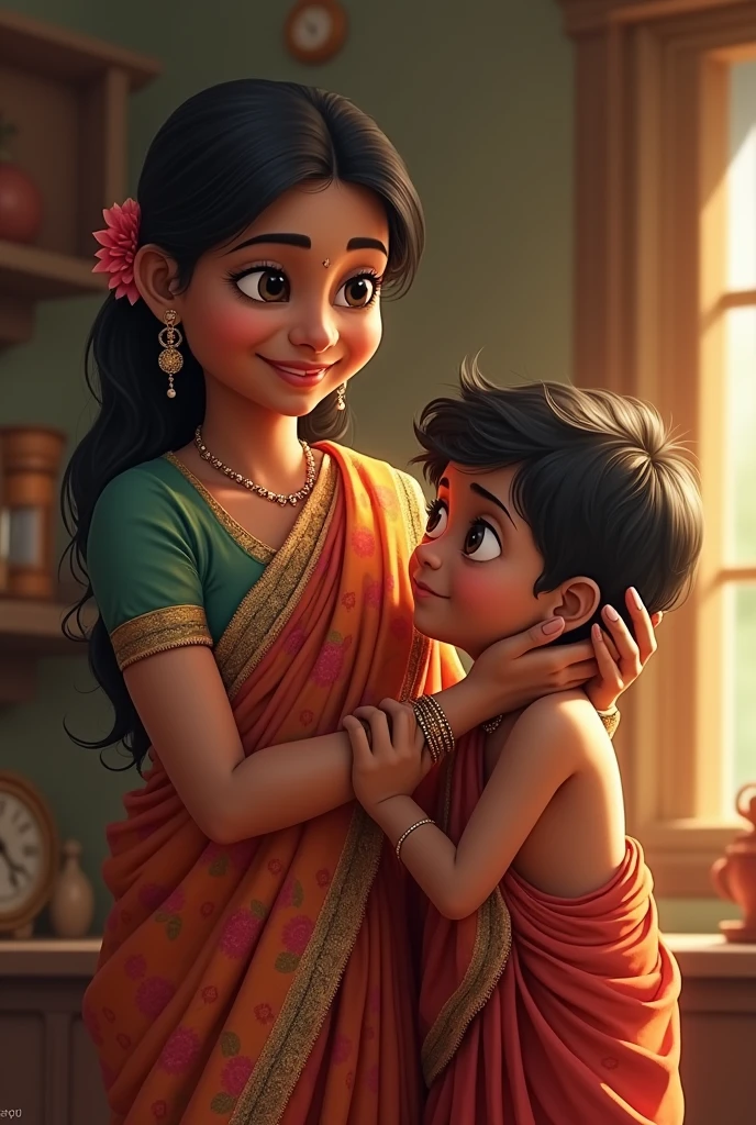 Indian woman in saree pulling her son's ear lovingly