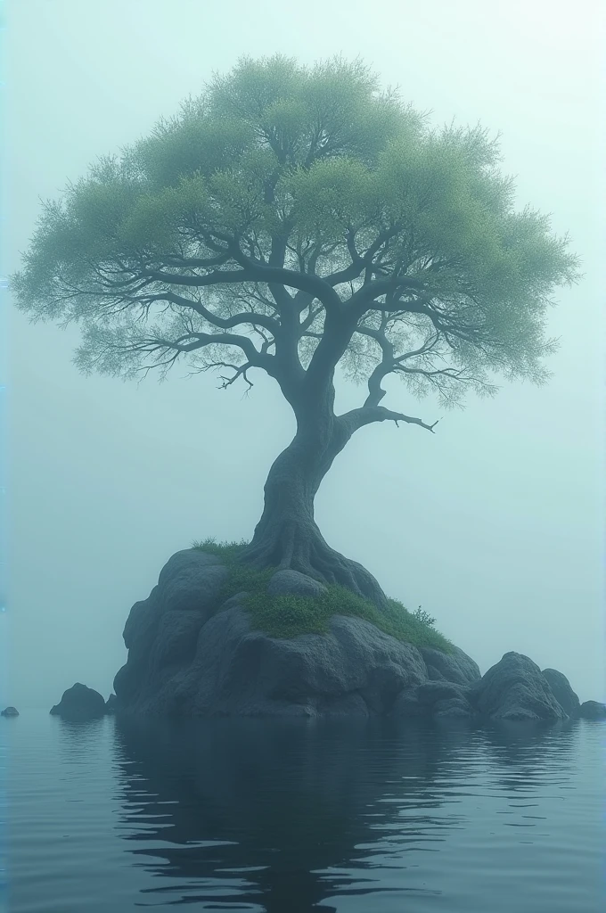 I am the special rock next to the special tree from which you can see all the wisdom, elegance, and power in the middle of the sea surrounded by fog and only the branches of the tree stand out and I, the stone, always together. , The message I want to convey is that good things always last. , very royal style , 48k photo editing