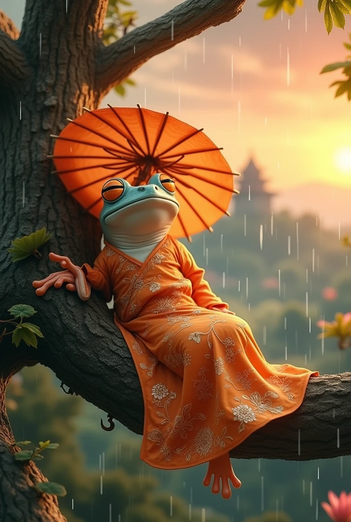 Tree frog，She is wearing a gorgeous orange Chinese dress with a floral pattern.，Sleeping on a tree，Ultra-realistic，high resolution，Standing with a lotus leaf umbrella，It is raining in the background，The background is the hilltop at sunset，
