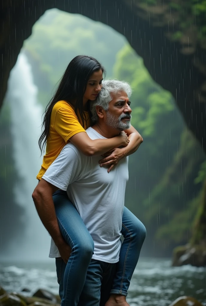 Indian 39 year old man wears white tshirt, lifted 20 year old girl on his back, in rain, who wears yellow tshirt and jeans. They both are near the cave, near the waterfall.