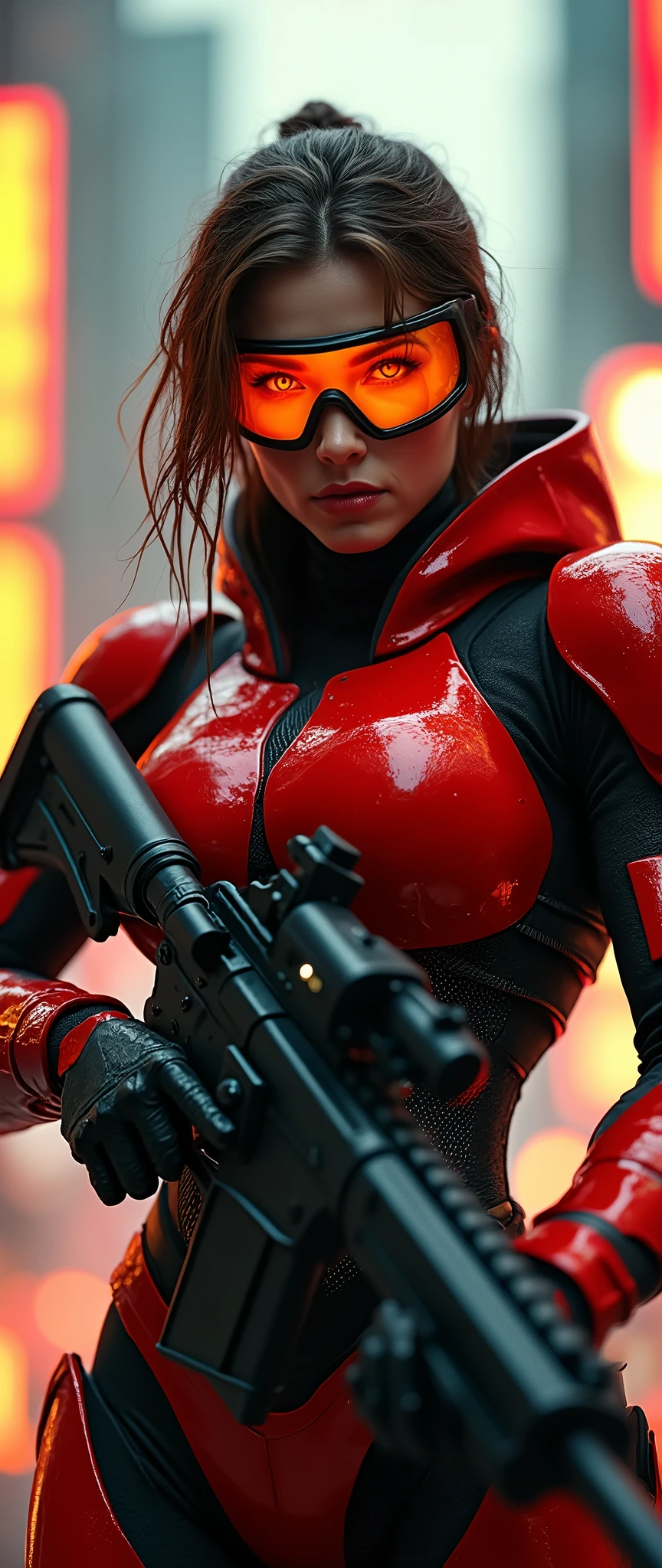 Frontal combat stance of the armored female warrior, her imposing physique and striking red and black armor accentuated by the LED spotlight's bright yellow beam. Her piercing red-orange cyber eyes glow beneath the transparent glass shield, radiating intensity as she grasps her gun firmly with her right hand. The cyberpunk cityscape behind her provides a dramatic contrast to her bold attire, with neon lights reflecting off her armor.