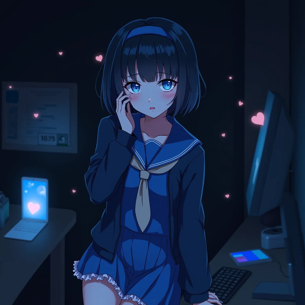 One person, Black Hair,Blue inner color,Hairstyle: Short bob, bangs,Blue Eyes, Droopy eyes,Hearts in eyes, Blue headband, anime, anime風, skirt,Frills,Mine system,smartphone,Blue sailor suit,Dark cardigan,Drooping eyes,Confused eyes,Worried brow,Yandere,background computer,smartphone,delivery,Illness,dark,Tuck hair behind ears