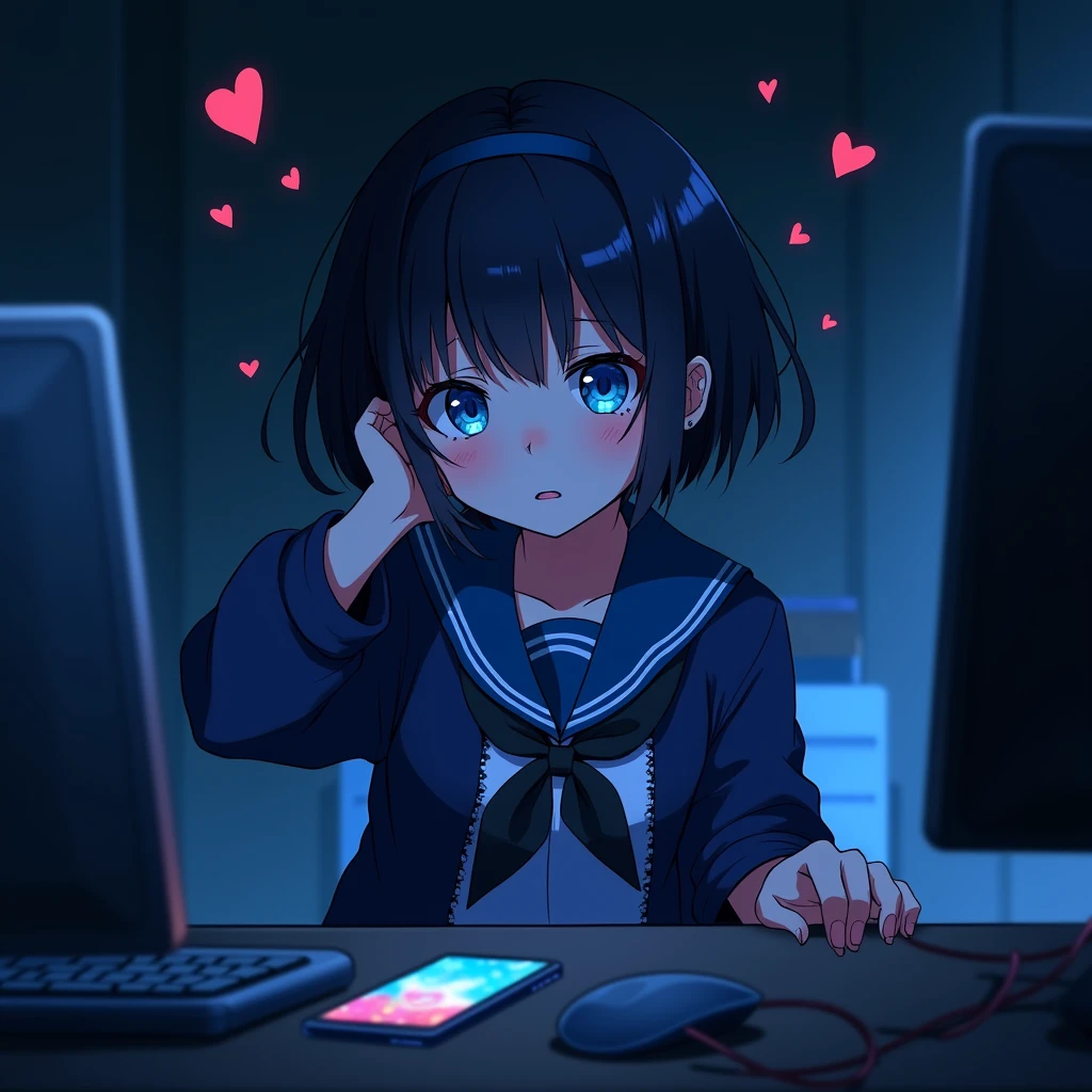 One person, Black Hair,Blue inner color,Hairstyle: Short bob, bangs,Blue Eyes, Droopy eyes,Hearts in eyes, Blue headband, anime, anime風, skirt,Frills,Mine system,smartphone,Blue sailor suit,Dark cardigan,Drooping eyes,Confused eyes,Worried brow,Yandere,background computer,smartphone,delivery,Illness,dark,Tuck hair behind ears