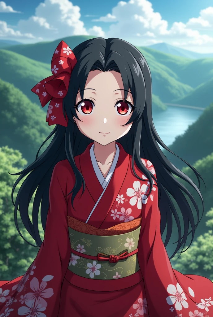Kimetsu no Yaiba screenshot of a girl with black hair parted in two with a red ribbon and red eyes. A beautiful landscape behind her. She is wearing a red kimono. Ufotable, ss4