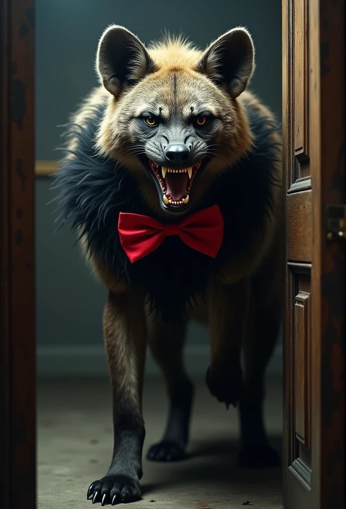 a grinning hyena wearing a black durag and bright red bow tie with rough tangled fur at a doorstep, nightmare