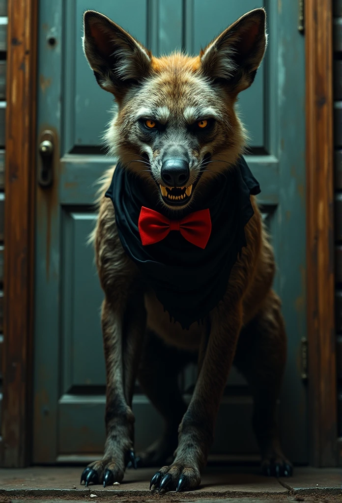 a grinning hyena wearing a black durag and bright red bow tie with rough tangled fur at a doorstep, nightmare