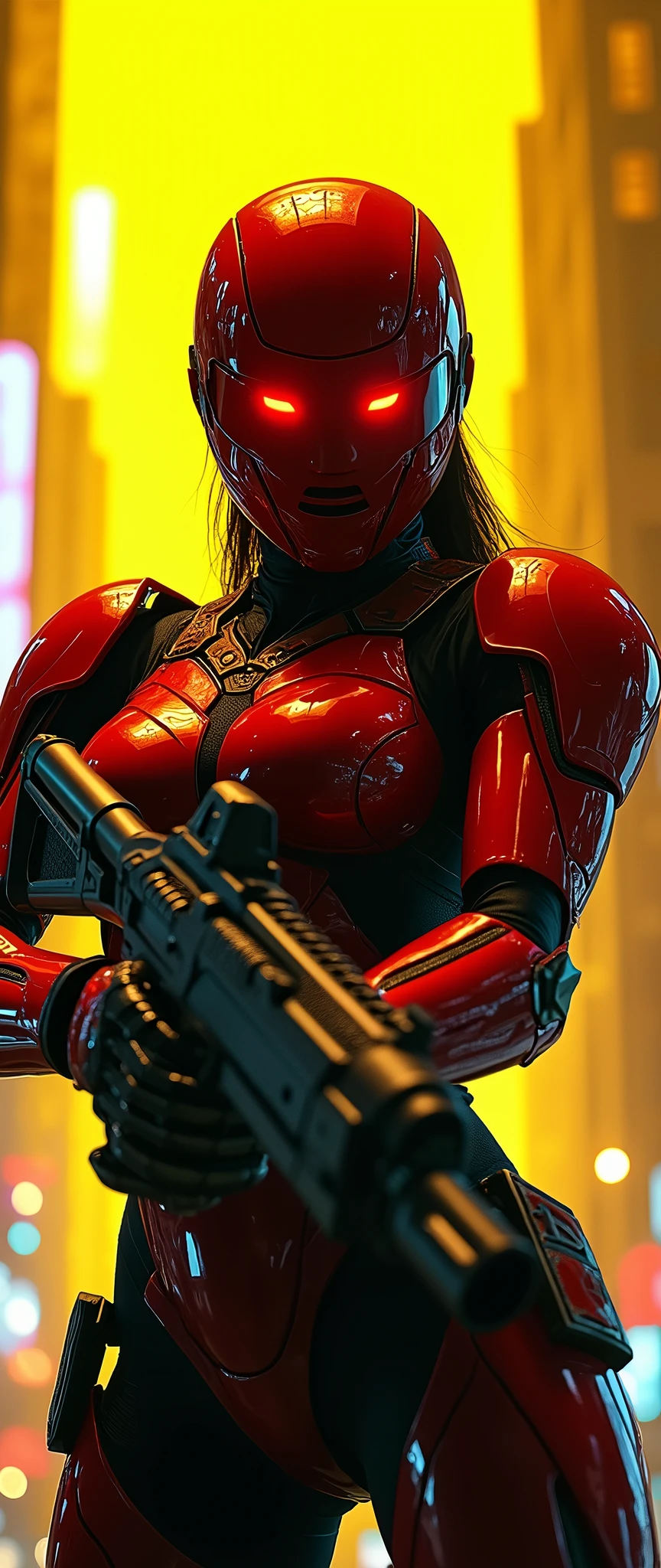 Frontal combat stance of the armored female warrior, her imposing physique and striking red and black armor accentuated by the LED spotlight's bright yellow beam. Her piercing red-orange cyber eyes glow beneath the transparent glass shield, radiating intensity as she grasps her gun firmly with her right hand. The cyberpunk cityscape behind her provides a dramatic contrast to her bold attire, with neon lights reflecting off her armor.