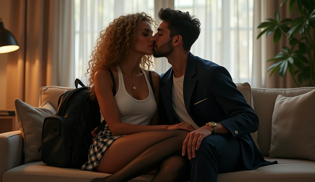 Show entire body, feet in view, gorgeous mixed race super model, medium build, slim waistline, pretty face, curly blonde hair, visible nipple, necklace, DD breasts, wearing corporate attire, tight miniskirt , sheer black pantyhose, pretty feet, backpack, smiling, modern living room, a male wearing a men’s school uniform sits next to her, the female’s legs rest on his lap, the male is kissing the female’s leg