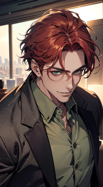 (best quality, masterpiece, 8K, photorealistic, cinematic lighting, hdr image, ultra detailed, beautiful image), a mature man, very handsome, smile, short grey red hair, green eyes, perfect face without errors, ((buttoning the jacket, CEO))