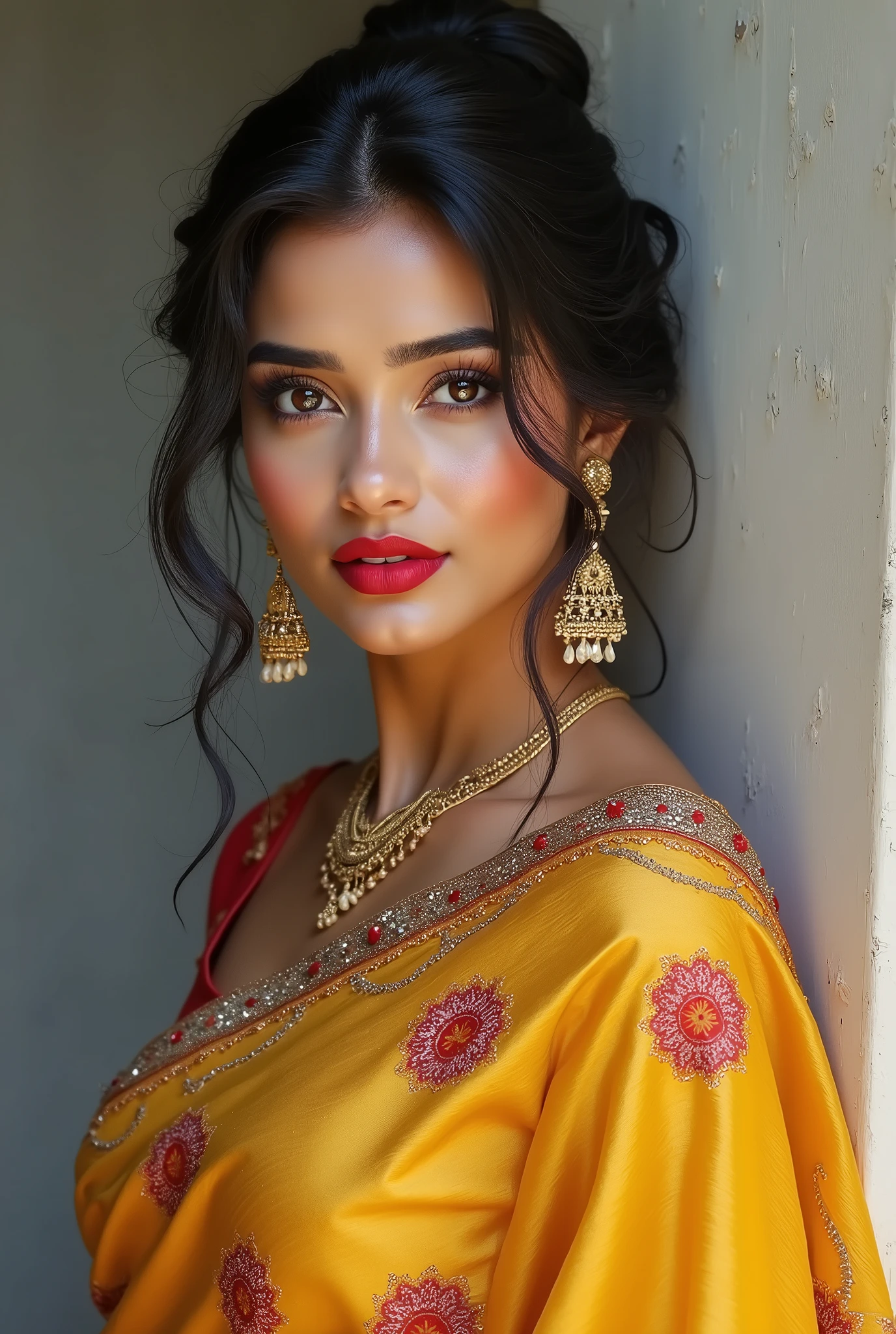 ((Full Open boobs)) perfect pink eyes, fantastic face, Indian, beautiful look, ((red lips, bright eyes, curve heir 1.5)), ((beautiful details very big breast )), (Straight round and ultra huge clevage, not sagging breast), A glorious gorgeous, glorious gorgeous face, pretty face, bright eyes, detailed elegant printed yellow saree, updo elegant hair, blurred gray tones background, ultra focus, face ilumined, face detailed, 8k resolution, painted, dry brush, brush strokes, razumov style and garmash style, by Tokaito